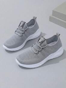 Fall/Winter Women Casual Sports Shoes Mesh Breathable Comfortable Lightweight Lace-Up Sneakers In Solid/Bright Colors, Anti-Slip & Wear-Resistant, Versatile White Shoes For Women - 灰色 - 查看 2