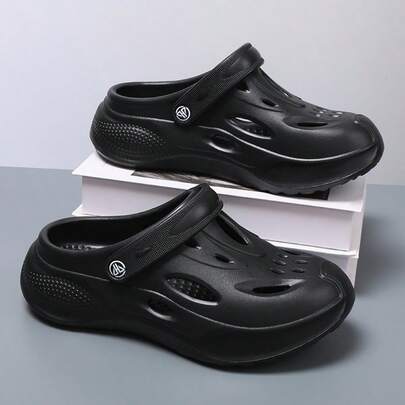 1 Pair Men's Summer Casual Breathable Hollow Slip-On Shoes, Minimalist Black Design For Commuting And Water Activities