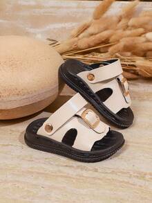 幼儿夏季凉鞋，双带搭扣设计 - 男女童露趾拖鞋，柔软防滑，适合沙滩和泳池穿着 - 米色 - 查看 4