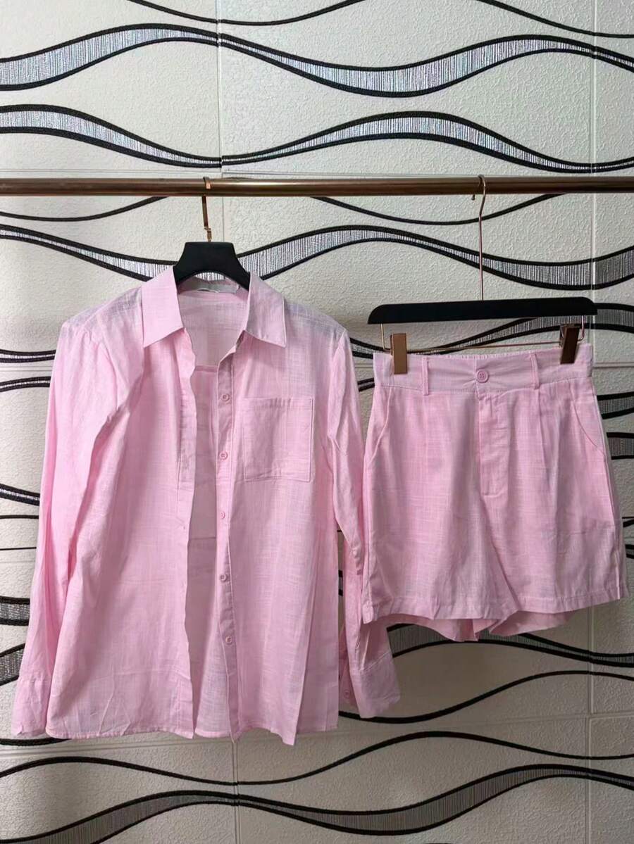 Linen Shirt And Shorts Set (2 Pieces) - Light Pink With Pockets - View 1