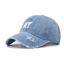 Vintage Embroidered NY Letter Patch Baseball Cap, Unisex Casual Street Hat, Suitable For Outdoor Activities, All-Season Wear, Adjustable Breathable Buckle Back Strap, Perfect Holiday Gift, Machine Washable - 黑色牛仔 - 查看 2