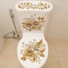 1pc Luxury Gold-Plated Pearl Flower Toilet Sticker, Self-Adhesive Removable Waterproof Bathroom Toilet Seat Decorative Renovation Creative Decal - Pearl Flowers - View 3