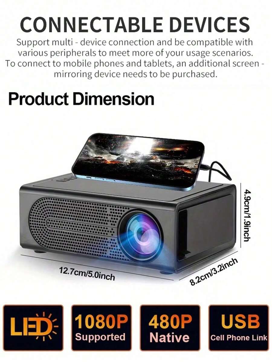M200S Portable Mini Projector 320x240P Wired Screen Mirroring Multi-Interface USB SD AV HD Type-C, Home/Party/Office Use