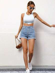 Roll Up Hem Denim Shorts - Light Wash - View 3