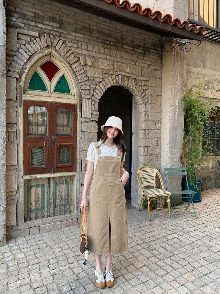Đầm denim midi không tay màu trơn, kiểu dáng thường ngày, có xẻ tà, dành cho nữ, mùa xuân/hè.