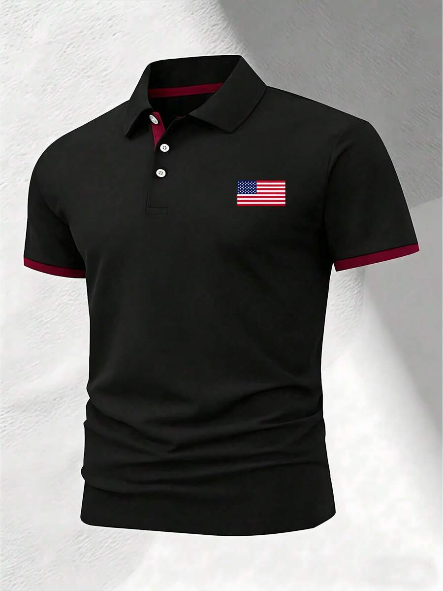Men's Summer Casual Polo Shirt, Burgundy Colour-Blocked Placket, American Flag Print, Top. Men's Shirt, Polo Men Shirt,4th Of July,Fathers Day Gift - 黑色 - 查看 1