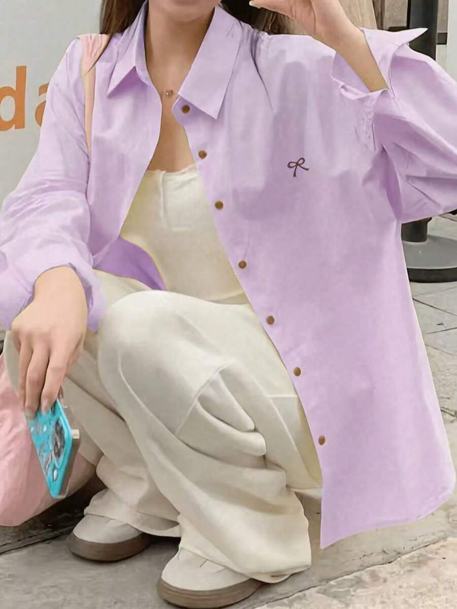 Embroidered Button Front Spring New Korean Style Versatile Bow Embroidery Loose Casual Turndown Collar Long Sleeve Shirt - Mauve Purple - View 1