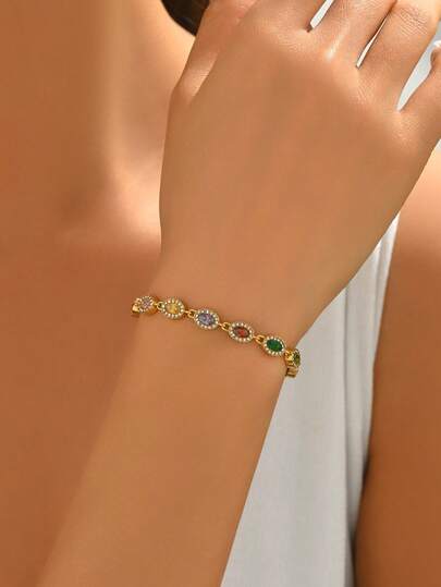 1 chiếc vòng tay nữ bằng thép không gỉ hình bầu dục đính đá Zirconia nhiều màu sắc, mạ vàng 18K, trang sức thời trang.