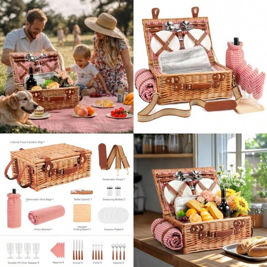 Juego de cesta de picnic de mimbre para 4 personas con compartimento refrigerador y manta impermeable de picnic correa extraíble bolsa de vino juego de cubiertos para camping viajes de día playa - Rojo - Ver 1
