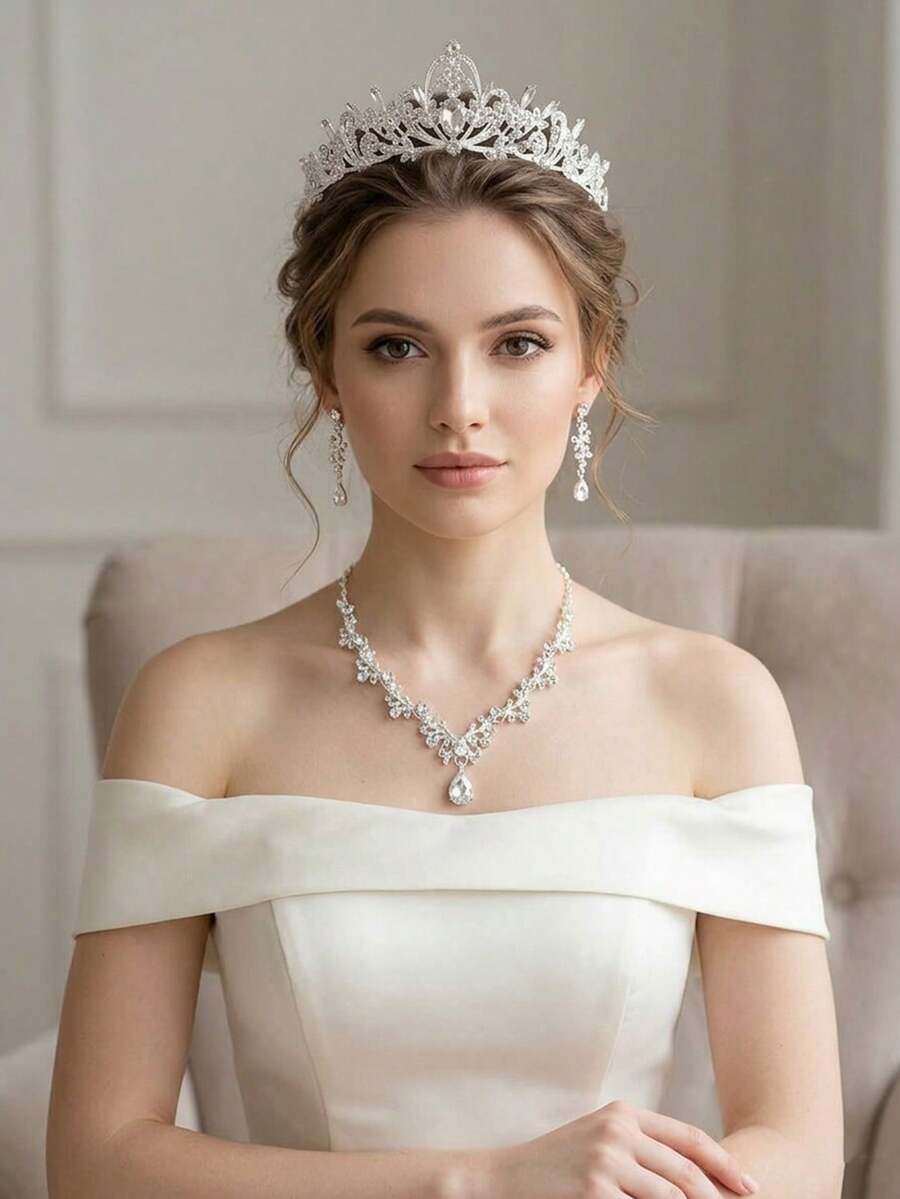 Conjunto de joyería de 4 piezas con corona de cristal barroca, collar y aretes, accesorios elegantes para vestido de novia y de noche - Plateado - Ver 1