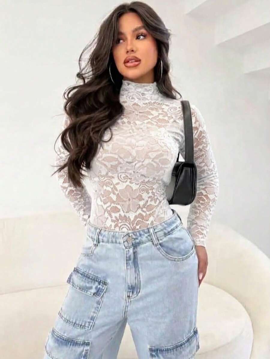Women's Long-Sleeved Lace Bodysuit - 白色 - 查看 1