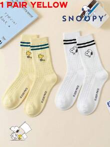 1/2雙 Snoopy 男士網眼襪，黃色與白色條紋透氣網眼中筒襪，黑白可愛運動襪，適合夏季 - 彩色 - 查看 12