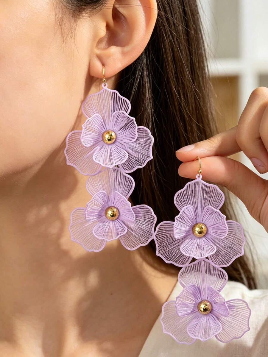 European And American New Exaggerated Floral Earrings, Candy Color Petal Long Elegant Earrings Accessories - Mauve Purple - View 1