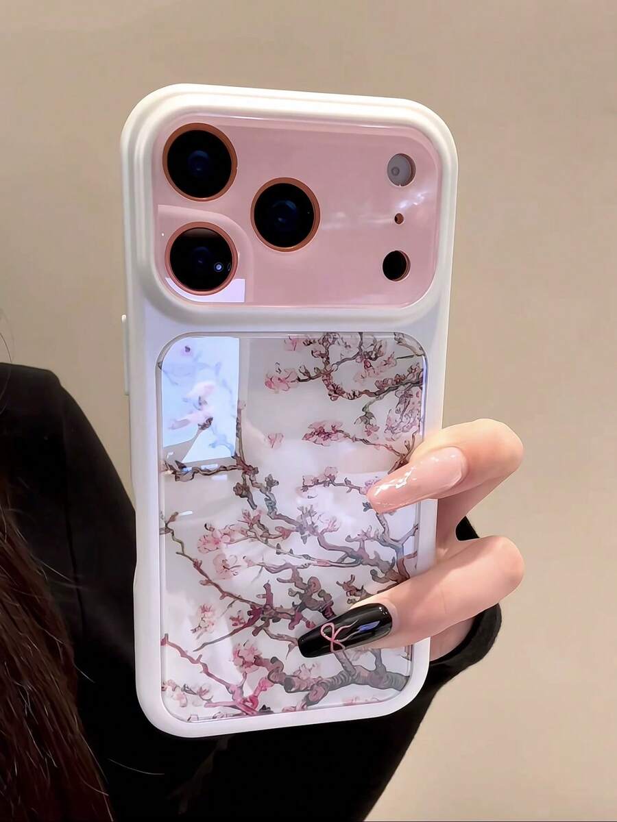 Nuevo estuche de teléfono con ilustración de flor de ciruelo rosa estilo chino compatible con Apple 16/17 Pro Max/ 15 Pro, funda protectora compatible con iPhone 14/13, diseño a prueba de golpes para mujeres - Blanco - Ver 1