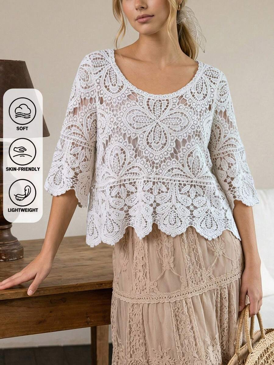 Bohemian Style Floral Lace Trim Puff Sleeve Top - Casual Loose Beach Cover Up For Summer - White - View 1