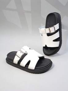 6-15 Jahre Jungen & Mädchen Sandalen, 1 Paar, Kinderstil, weiße Schnallen-Dekoration mit Buchstaben-Design, bequem & atmungsaktiv, offene Zehenpartie, dicke Sohle, flacher Absatz, lässiger Stil, Kinder Sandalen Pantoffeln, geeignet für den täglichen Gebrauch, Outdoor-Spiele, Strand / Sommer universell (Größe fällt klein aus, Empfehlung eine Nummer größer wählen) - Weiss - Übersicht 4