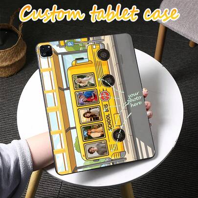 1pc DIY Customizable School Bus Pattern Case - Cute Cartoon Design With Photo Upload, Shockproof Soft Shell For IPad Pro/Air/Mini, Fashionable Protective Cover For Students & Teens