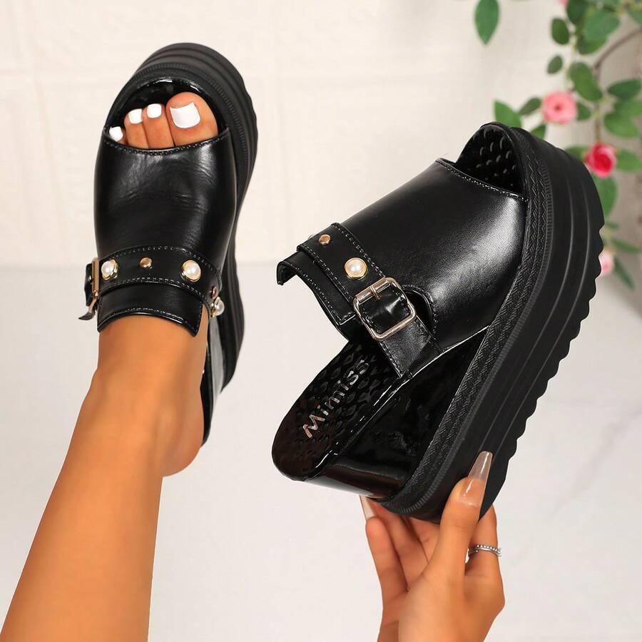 Women's Wedge Sandals, Thick Sole Slides For Summer, Crystal Letter & Fringed Design, Platform Slippers, Comfortable & Slip-Resistant - Black - View 1