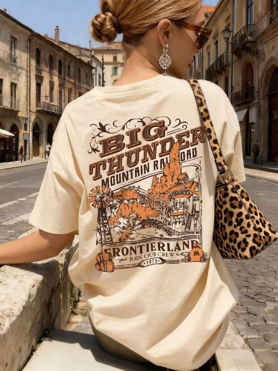 Women's Loose Fit Round Neck Short Sleeve T-Shirt, American Vintage Western Style Letter Print, Casual Versatile Top For Summer - Apricot - View 1