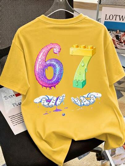 Young BoyCasual Loose T-Shirt With 67 Cartoon Digit Print, Suitable For Spring And Summer Wear. Can Also Be Given As A Gift To Family And Friends.