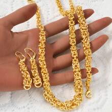 3pcs 18K Gold Chunky Chain Jewelry Set, Vintage Necklace Bracelet Earrings For Women Party Wear - Gold - View 7
