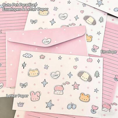 4 Sets (4 sobres + 4 hojas de carta) Tarjetas de felicitación escritas a mano con diseños lindos de niñas, sobres adorables con animales de mascota, tarjetas de felicitación escritas a mano con diseños románticos de dibujos animados, tarjetas conmemorativas