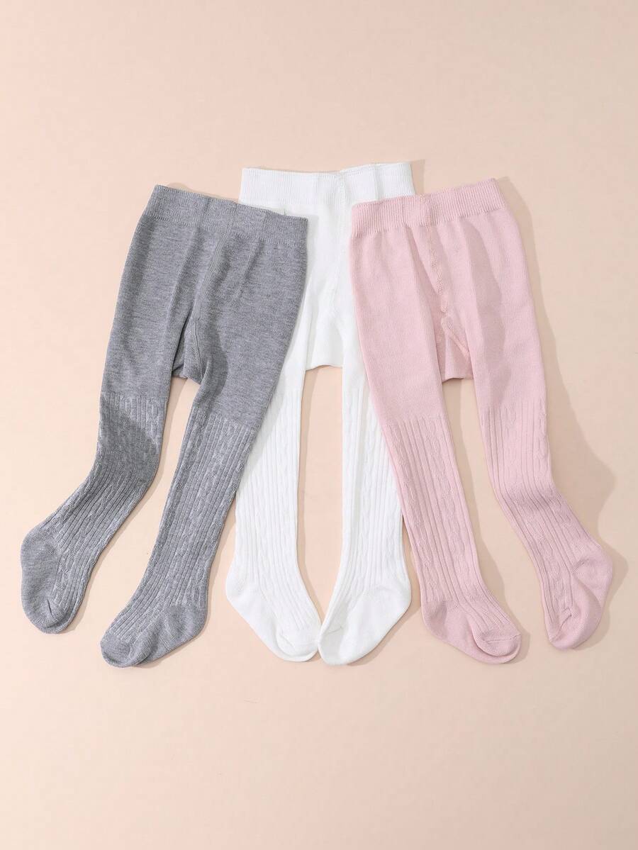 3 Pairs Baby Girls' Solid Color Cable Knit Tight Elastic Leggings, Soft And Comfortable For 0-3 Years Old