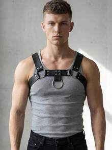 Arnés simétrico para el pecho para hombres, arnés corporal gótico punk de cuero de PU ajustable para uso diario, citas nocturnas y festivales de música - Negro - Ver 6