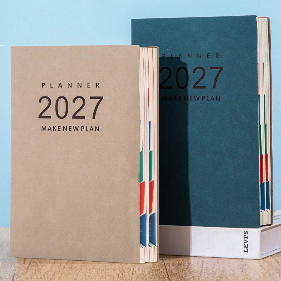 2027年日期日/周/月计划本，4种颜色可选，高级精装笔记本，全年日历整理器，商务办公目标及日程追踪器 - 附5張貼紙 - 查看 1