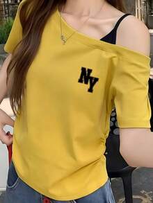 休闲风黄色露肩T恤，印有NY字母图案，配有抽绳腰带，修身性感上衣，适合夏季穿着 - 黃色 - 查看 2