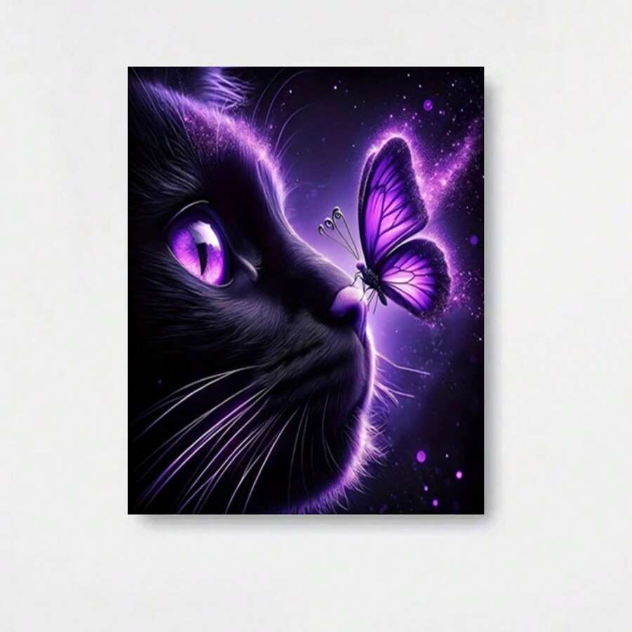 Gato y mariposa - Kit de pintura de arte de diamante 5D, arte de diamante completo redondo, amigable para principiantes, adecuado para decoración de paredes en casa o en la oficina, disponibles varios s de lienzo, regalo perfecto para Halloween y Navidad. - Enmarcado - Ver 1
