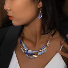 [Elegant Geometric Jewelry Set] KC Golden Plated Women's Jewelry Set - Elegant Geometric Link Necklace & Earrings, Vintage Bohemian Style, Daily Wear Or Parties, All-Season Accessory - 綠色 - 查看 1