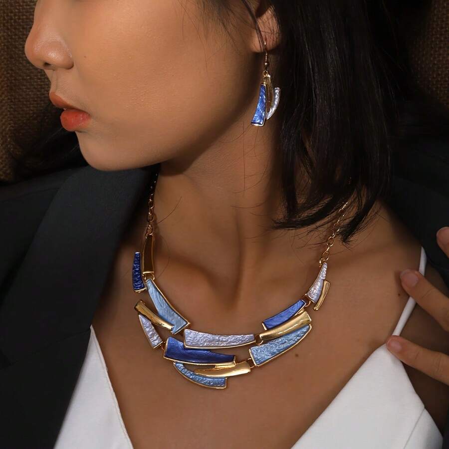 [Elegant Geometric Jewelry Set] KC Golden Plated Women's Jewelry Set - Elegant Geometric Link Necklace & Earrings, Vintage Bohemian Style, Daily Wear Or Parties, All-Season Accessory - 綠色 - 查看 1