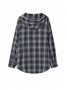 Women's Casual Loose Fit Patterned Drop Shoulder Long Sleeve Shirt, Suitable For Spring/Autumn, Office, School, Commute - Navy Blue - View 2