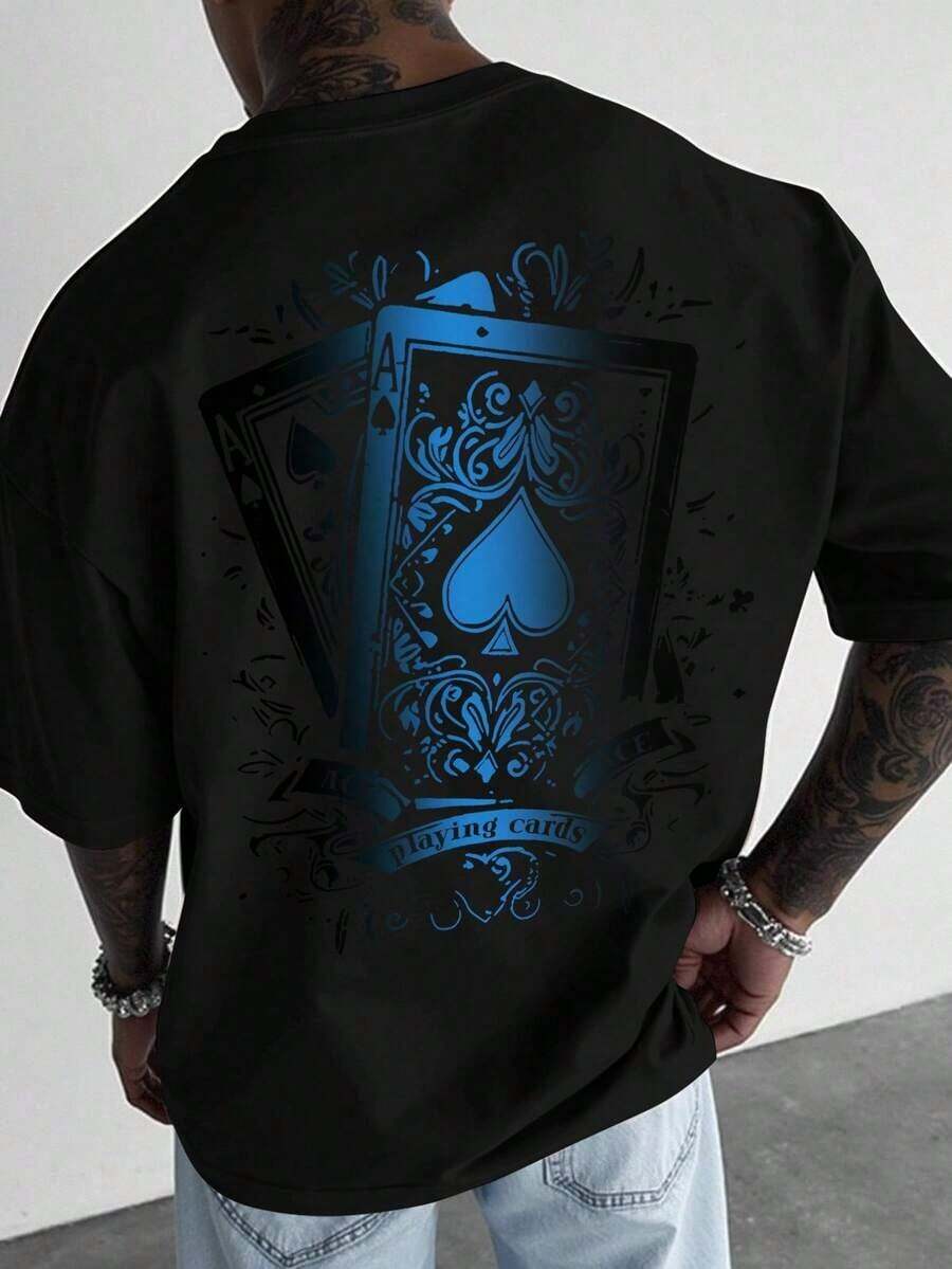 Camiseta de Manga Corta para Hombre con Estampado de Cartas de Póker, Camiseta Casual para Juegos de Azar, Camiseta con Diseño de As de Espadas - Negro - Ver 1