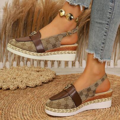 Women's Dual-Tone Adjustable Buckle Metal Leopard Head Wedge Platform Sandals, Suitable For Beach Outings