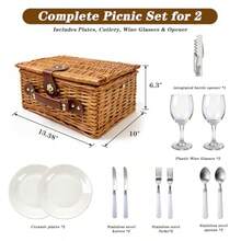 Juego de cesta de picnic para 2: cesta de picnic de mimbre con manta impermeable y forro aislado cesta grande hecha a mano con kit de cubiertos para exteriores picnic camping fiesta día festivo - Rojo - Ver 4