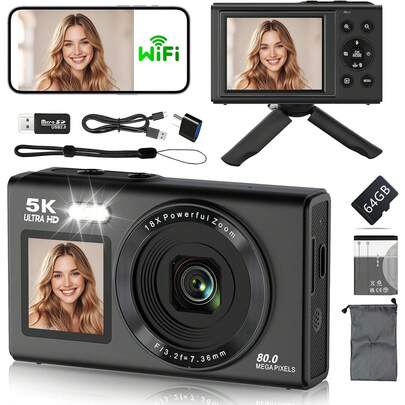 5K 80MP 双屏相机，适用于摄影、Vlog、视频博客，配备三脚架、18 倍光学变焦、自动对焦、补光灯，小巧便携，适合校园、旅行、青少年和初学者使用，支持 32GB 或 64GB TF 卡