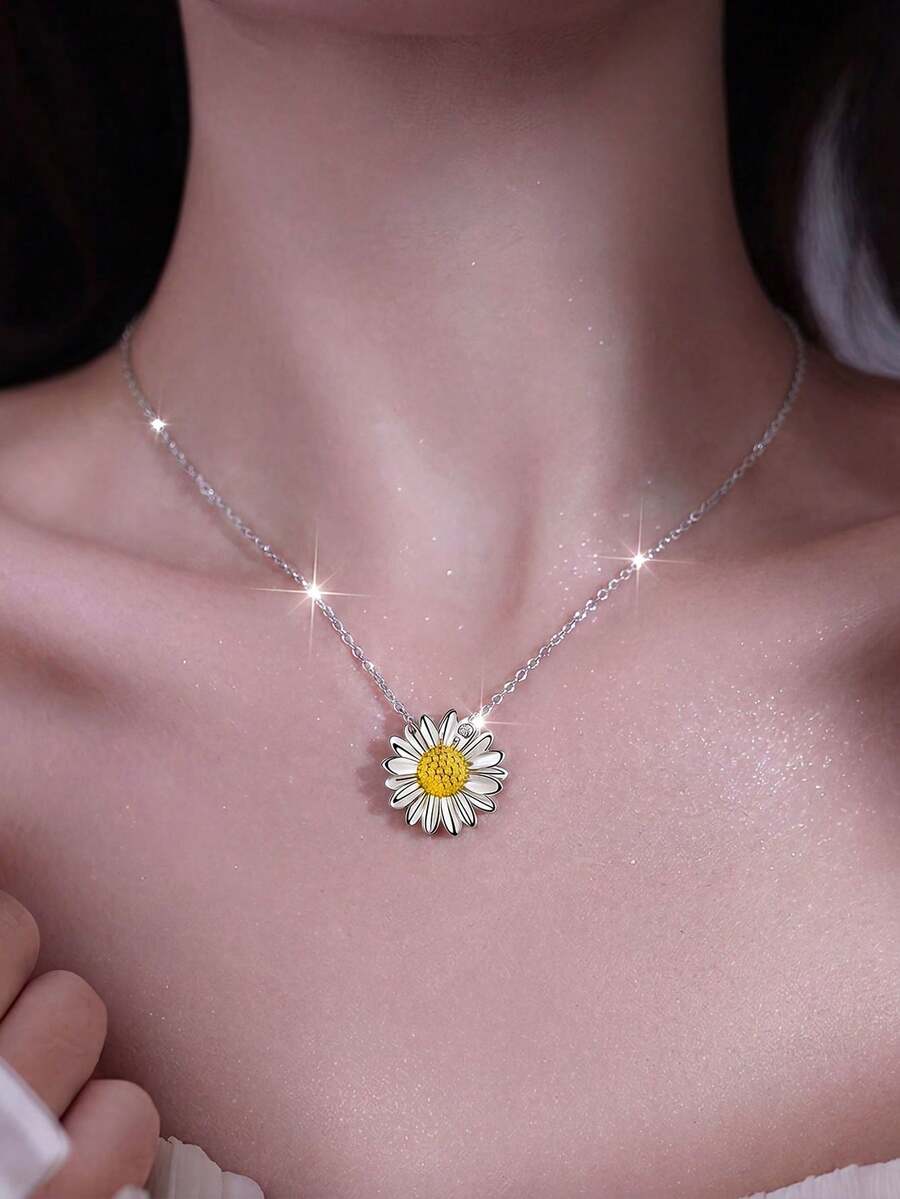 1件S925纯银雏菊吊坠项链，甜美清新，个性精致花卉颈链，百搭配饰，适合女性日常及派对佩戴，母亲节礼物