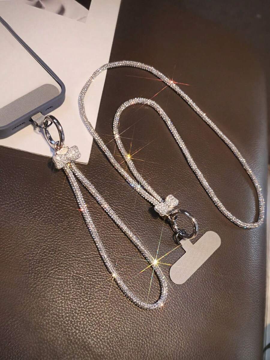 彩色水钻蝴蝶结手机挂绳,轻盈奢华闪亮钻石短腕带和长项链手机线,时尚 - 彩色 - 查看 1