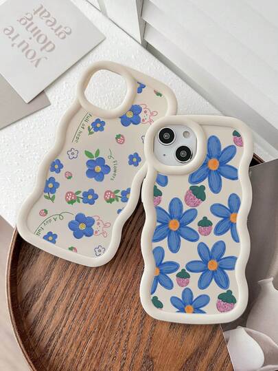 2 chiếc ốp lưng điện thoại silicon mềm chống rơi, họa tiết hoa dâu tây màu xanh dương dễ thương, viền lượn sóng, tương thích với iPhone & Galaxy
