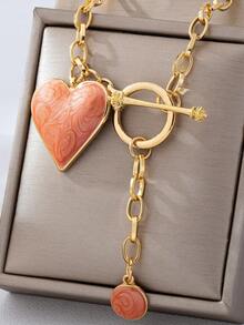 1pc Fashionable 3D Alloy Enamel Red Heart & Golden Water Drop Pendant Necklace - Orange - View 6