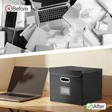 Luminpool Portable File Organiser Box With Lid, Foldable Filing Storage Boxes With Plastic Slide, Decorative Home/Office Filing System For File And Folders Storage (Black) - Black - View 9