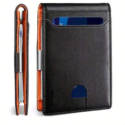 男士超纤皮革钱包，碳纤维纹理和平纹超细纤维材质，纤薄对折设计，多卡位、身份证窗口和现金隔层，RFID 防盗卡夹，耐用防刮轻便男士钱包，简约前袋设计，方便携带。