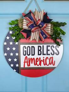 1pc Rustic 4th Of July God Bless America Door Sign, Patriotic Welcome Hanging Decor, Party Wreath With American Flag Ribbon Bow, Holiday Wall Decoration For Independence Day - Multicolor - View 10