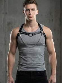 Bộ dây đeo ngực phong cách Gothic Punk dành cho nam, dây đeo bằng da PU có thể điều chỉnh với xích có thể tháo rời, phụ kiện cá tính cho trang phục hàng ngày và dự tiệc. - màu đen - Xem 2