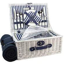 HappyPicnic CarPro Cesta de picnic de sauce para 4 personas gran juego de cestas de mimbre con gran compartimento refrigerador aislado manta de forro polar con respaldo impermeable y kit de servicio de cubiertos color blanco lavado a la moda - 184 Blanco - Ver 9