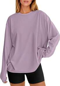 Womens Oversized Long Sleeve Shirts  Crew Neck Baggy Active Basic Tee Spring Workout Tops Y2k Clothing - 01-紫色 - 查看 9