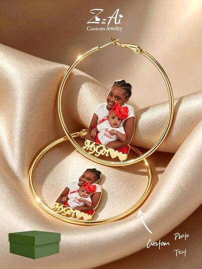 1pc Oversized Personalized Photo Earrings, Customized Name Earrings, Unique Gift For Her, Fashion Design, Family Style