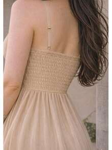Long Dress In Viscose Linen, Plain, With Thin Straps, Buttons Down The Front, Padded Cups And Lining. Elasticated Back. - Beige - View 2
